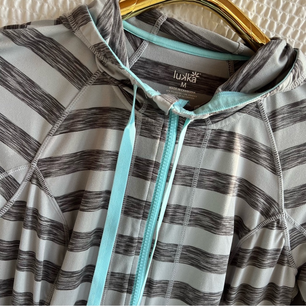 Anthropologie Lilka Womens M Full Zip Hoodie Aqua Blue Gray Stripe Thumb hole